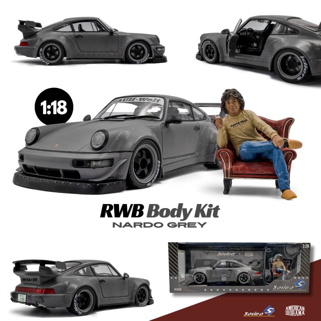 Macheta auto Porsche RWB Body Kit Nardo Grey + Figurina Akira Nakai-San  1:18 Solido