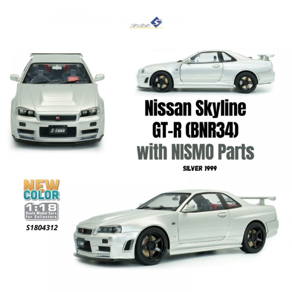 Macheta auto Nissan Skyline GT-R (BNR34) w Nismo Parts Silver 1999 1:18 Solido